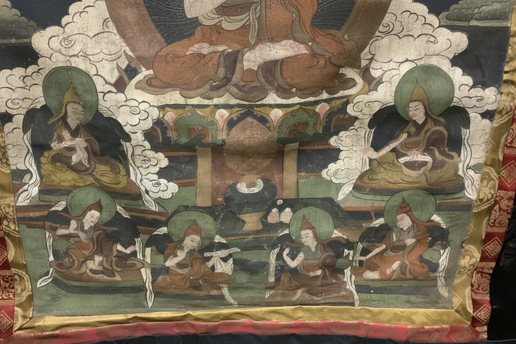 19th Century Tibetan Thangka: Je Tsongkhapa & Gelugpa Lineage Masters | Silk Brocade Scroll
