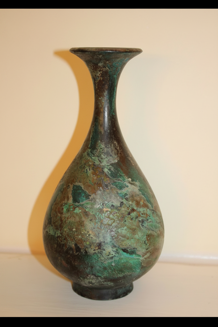 Japanese Studio Pottery Bottle Vase – Verdigris Metallic Glaze & Stamped Seal Mark (8.25")