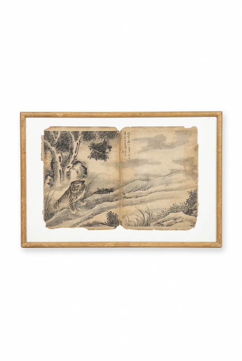 Antique Chinese Tiger Paintings & Calligraphy Album Leaves – Set of Three