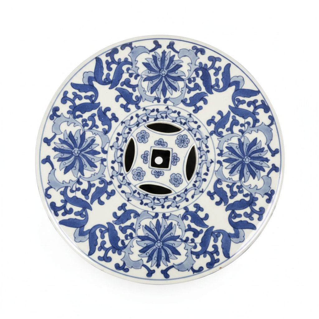 Vintage Chinese Blue & White Porcelain Garden Seat with Floral & Cash-Coin Motifs