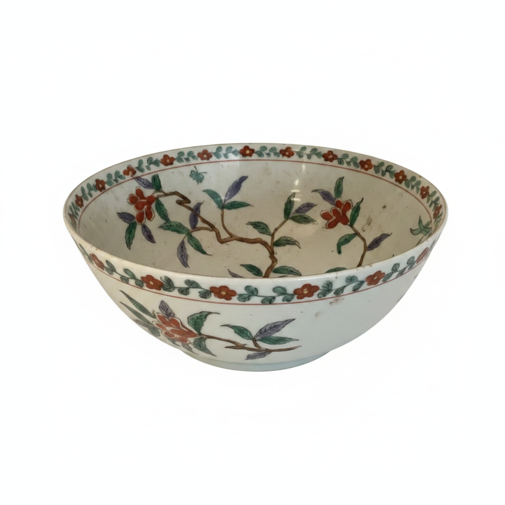 Large Vintage Chinese Enamel Porcelain Centerpiece Bowl – Branching Flora & Pomegranates (10")