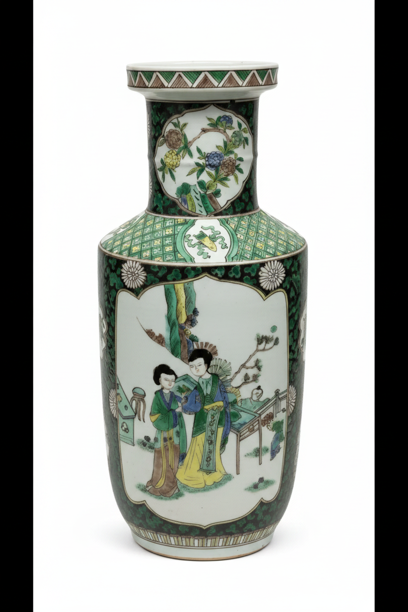 18" Chinese Famille Verte Porcelain Lantern Vase with Court Beauties Design & Kangxi Mark