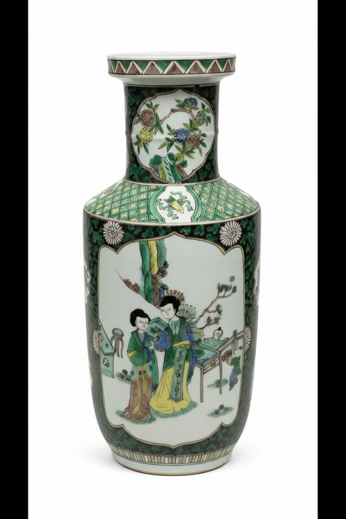 18" Chinese Famille Verte Porcelain Lantern Vase with Court Beauties Design & Kangxi Mark