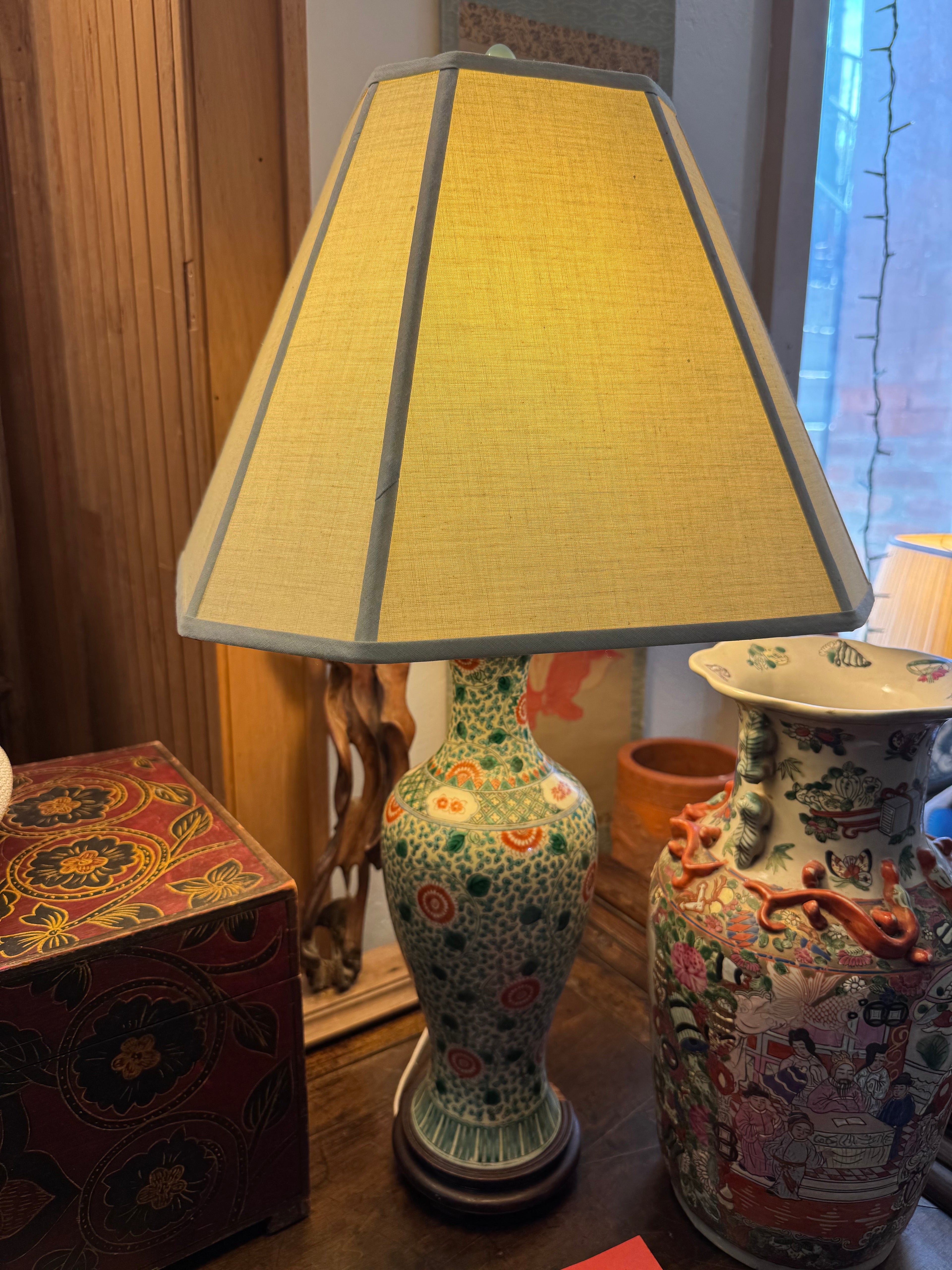 Chinese Famille Verte Style Porcelain Lamp