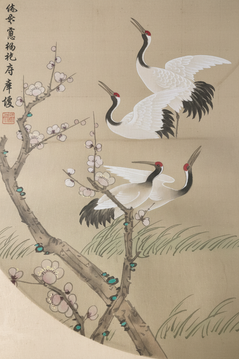Pair of Framed Chinese Silk Roundel Paintings – Red-Crowned Cranes & Botanical Motif (Set of 2)