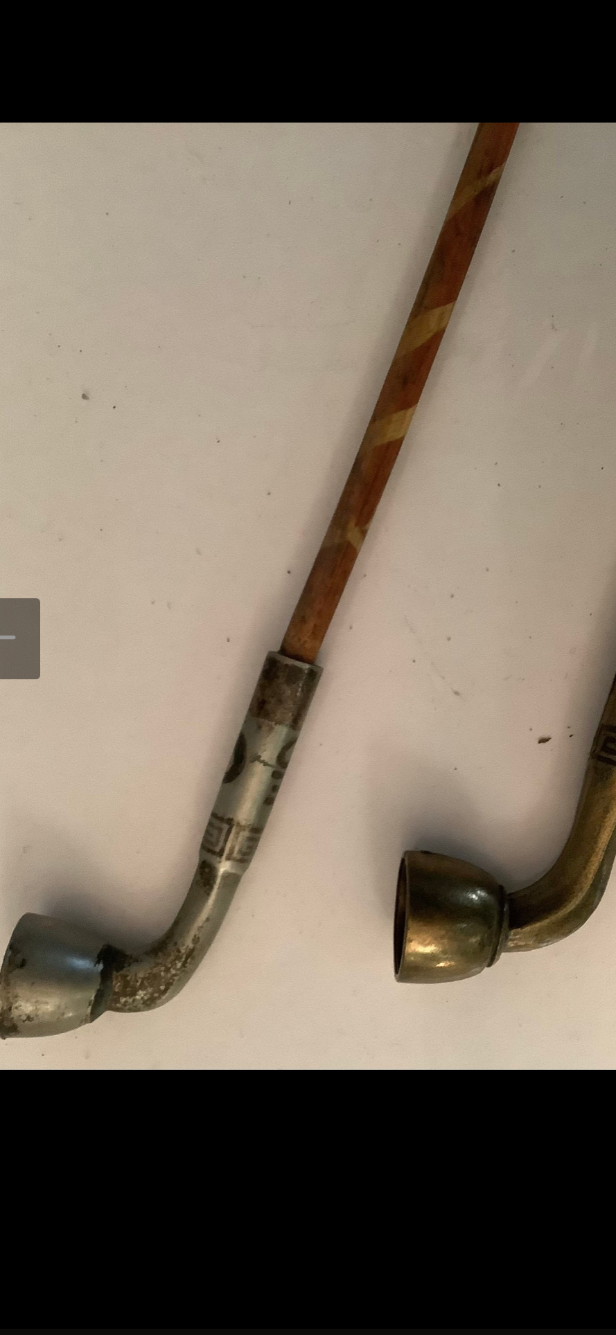 Pair of Antique Late Qing / Republic Period Chinese Bamboo & Engraved Brass Long Pipes (24")