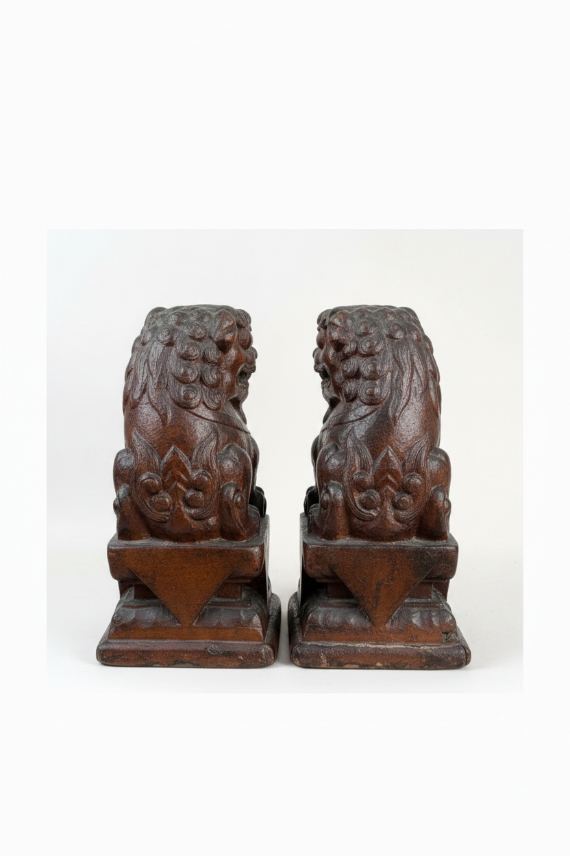 Pair of Antique Chinese Lacquered Wood Guardian Lions (Foo Dogs) - 16"