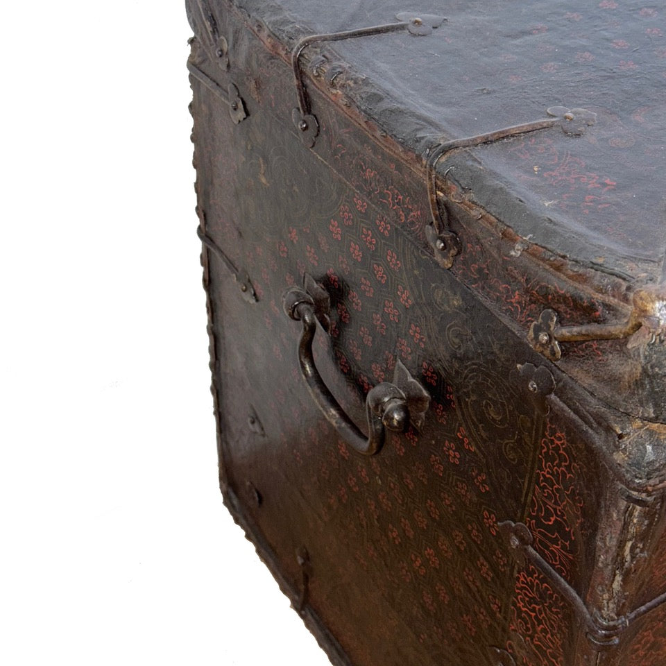 19th Century Tibetan Painted Leather-Clad Trunk with Iron Fittings