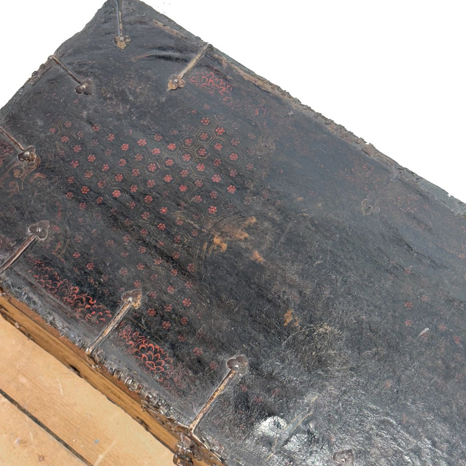 19th Century Tibetan Painted Leather-Clad Trunk with Iron Fittings