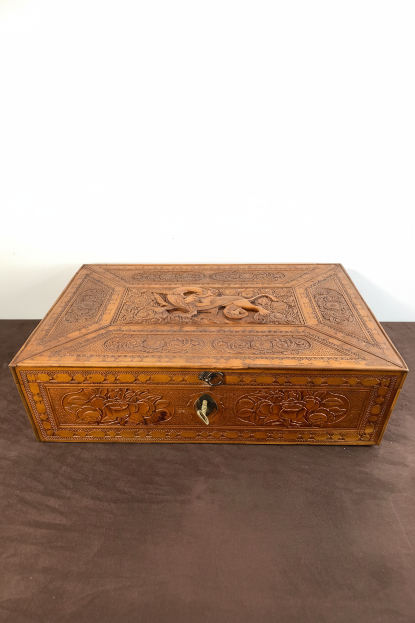 Anglo-Indian Hand-Carved Wood Jewelry Box with Key – Relief Floral & Beast Carvings, Inlay Trim (~18")