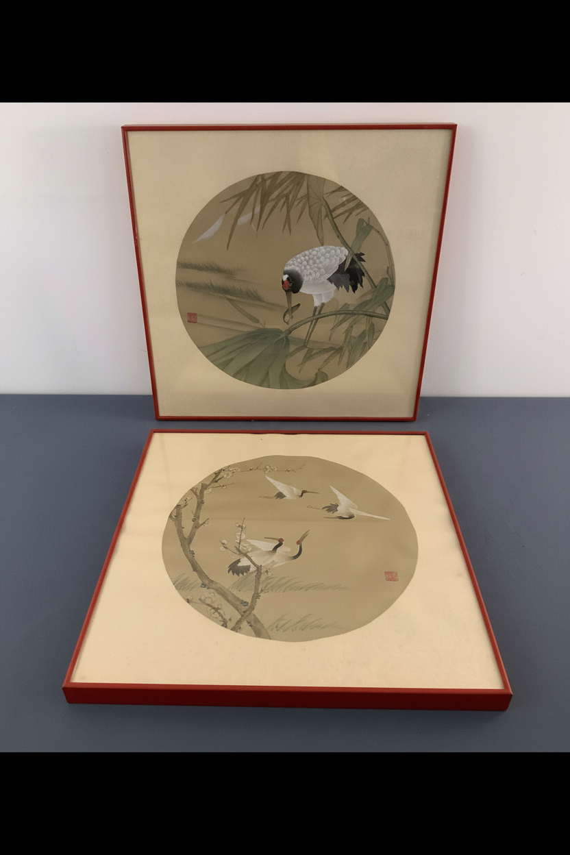 Pair of Framed Chinese Silk Roundel Paintings – Red-Crowned Cranes & Botanical Motif (Set of 2)