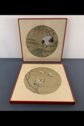 Pair of Framed Chinese Silk Roundel Paintings – Red-Crowned Cranes & Botanical Motif (Set of 2)