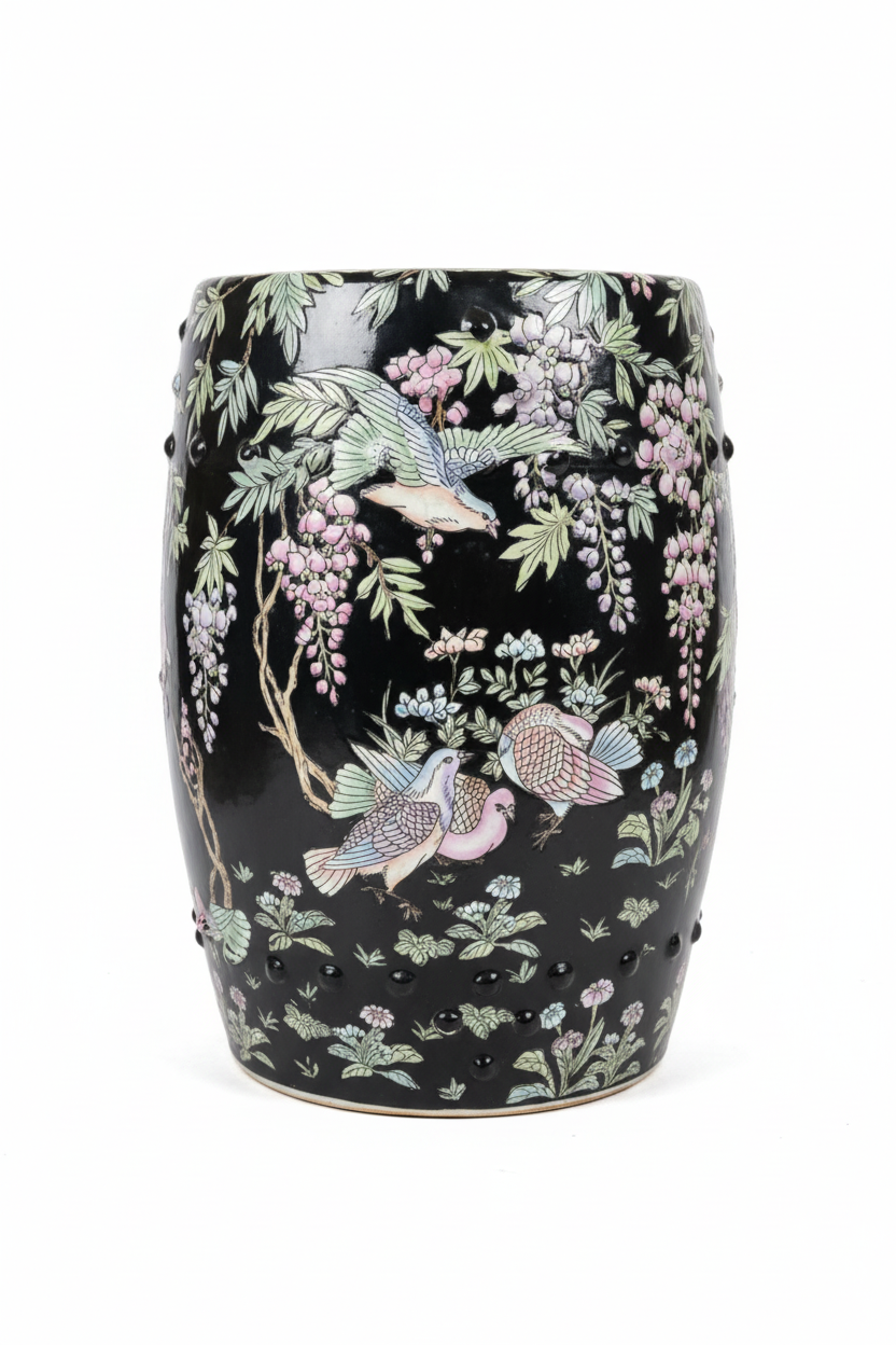 Vintage Macau Porcelain Garden Seat with Birds & Wisteria