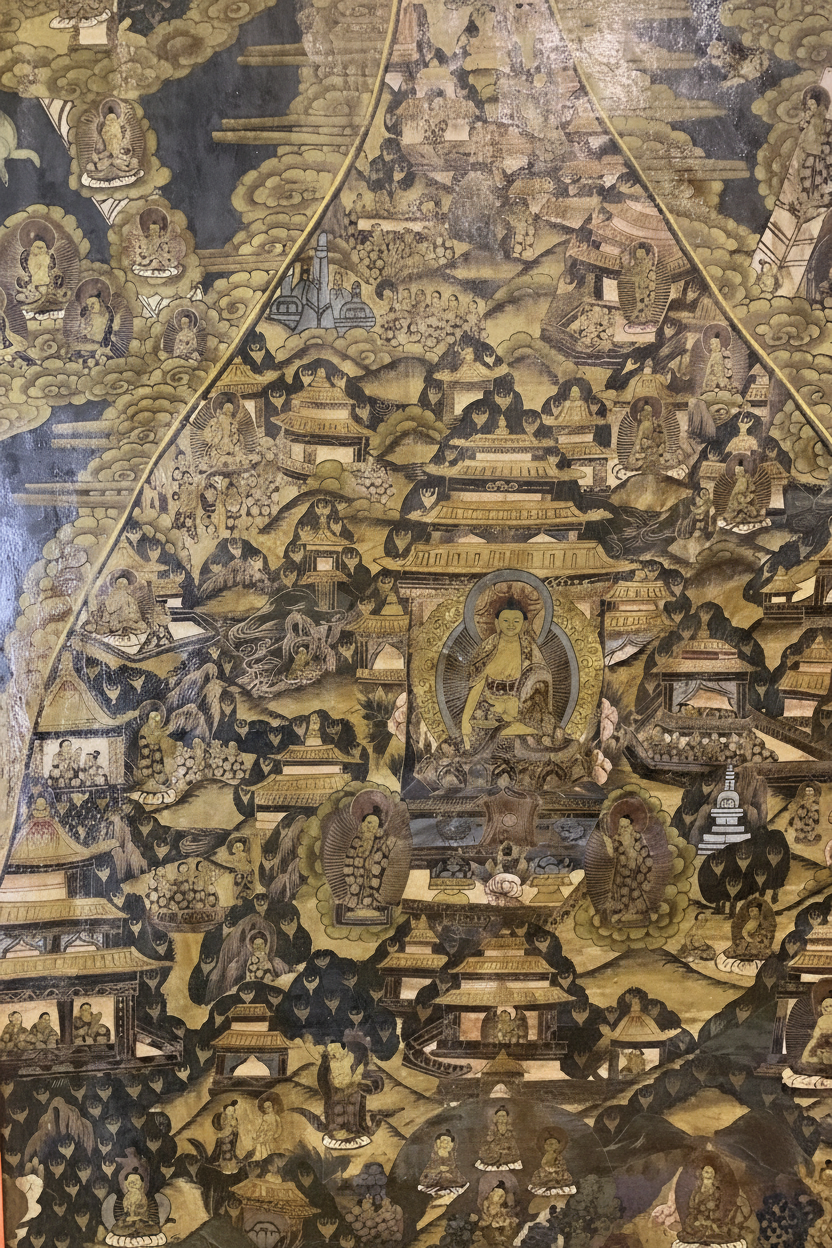 Framed Sino-Tibetan Nagtang Gold Narrative Thangka Painting | Life of Buddha (21.5" x 29.5")
