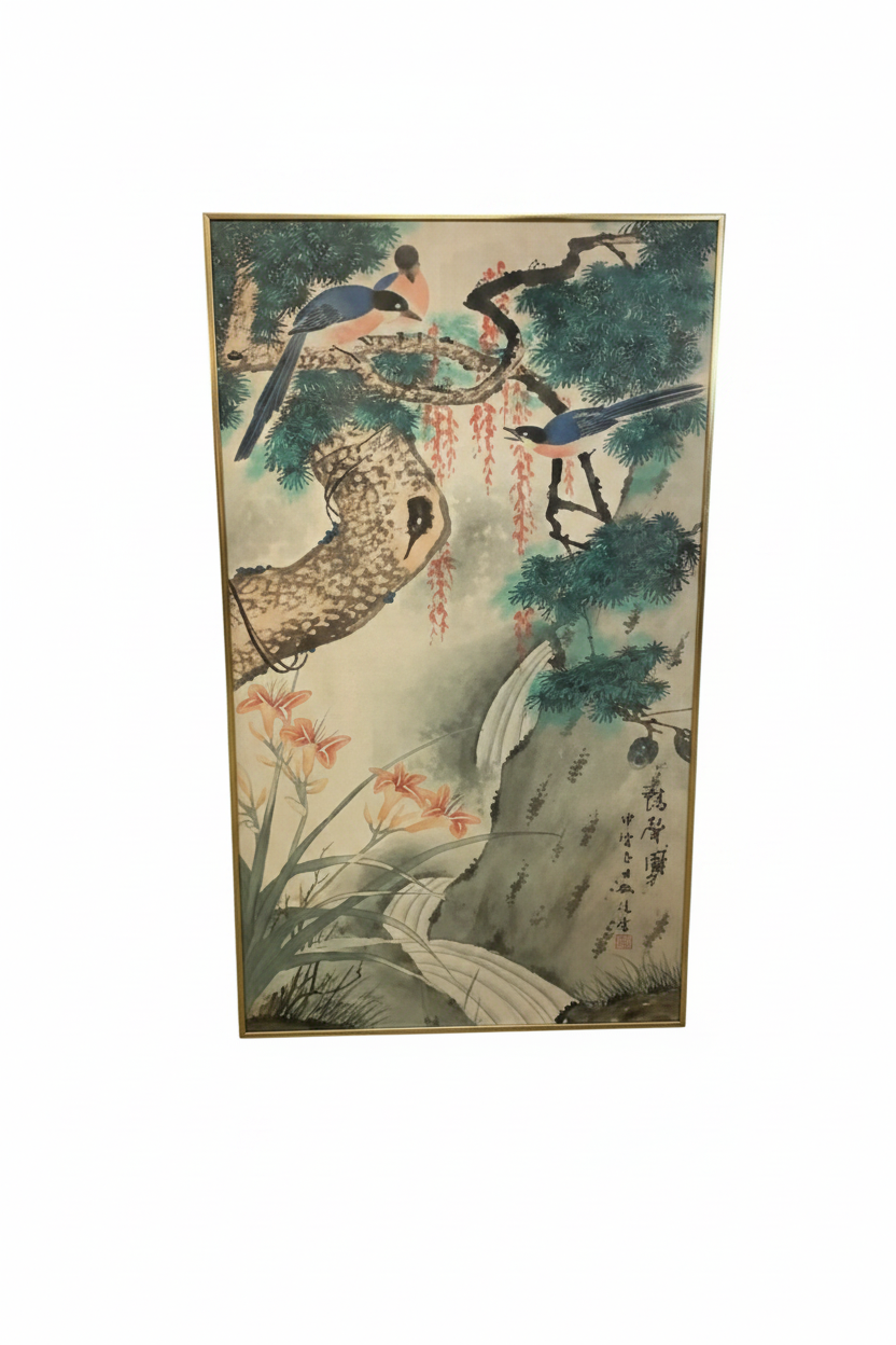 Vintage Mid-Century Framed Chinese Ink & Wash Painting – Sound of the Waterfall (濤聲圖)