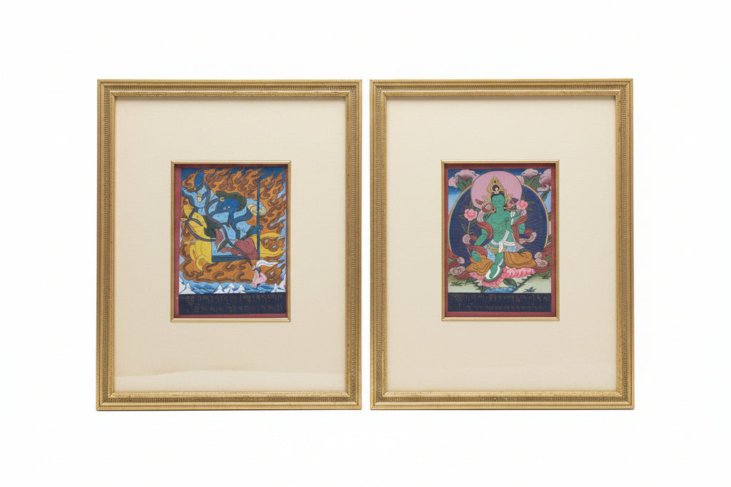 Framed Pair of Antique Tibetan Buddhist Illuminated Manuscript Leaves – Green Tara & Palden Lhamo