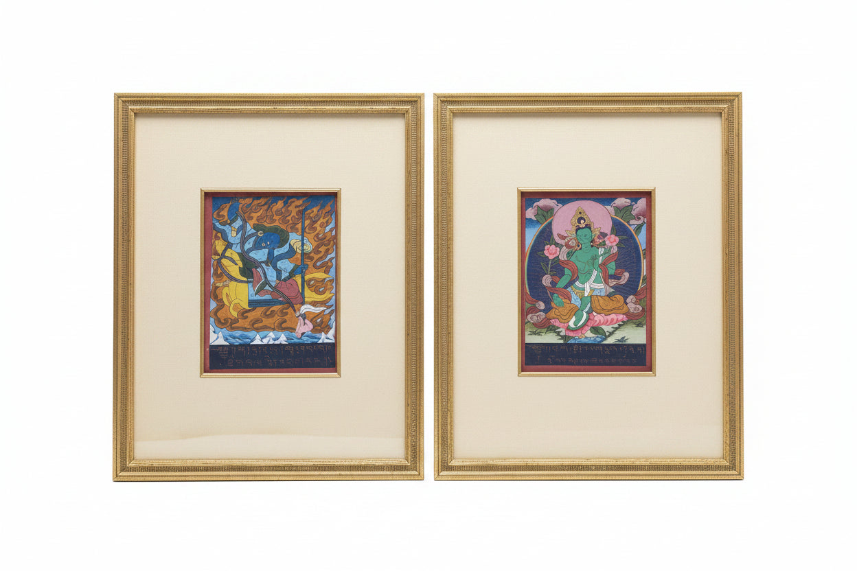 Framed Pair of Antique Tibetan Buddhist Illuminated Manuscript Leaves – Green Tara & Palden Lhamo