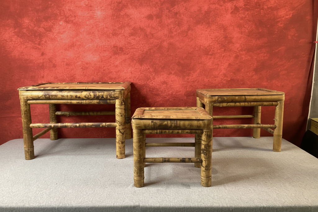 Vintage Tortoiseshell Burnt Bamboo Nesting Tables – Set of Three, c. 1960