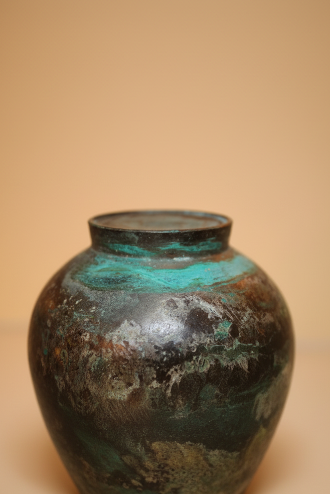 Japanese Studio Pottery Bottle Vase – Verdigris Metallic Glaze & Stamped Seal Mark (8.25")