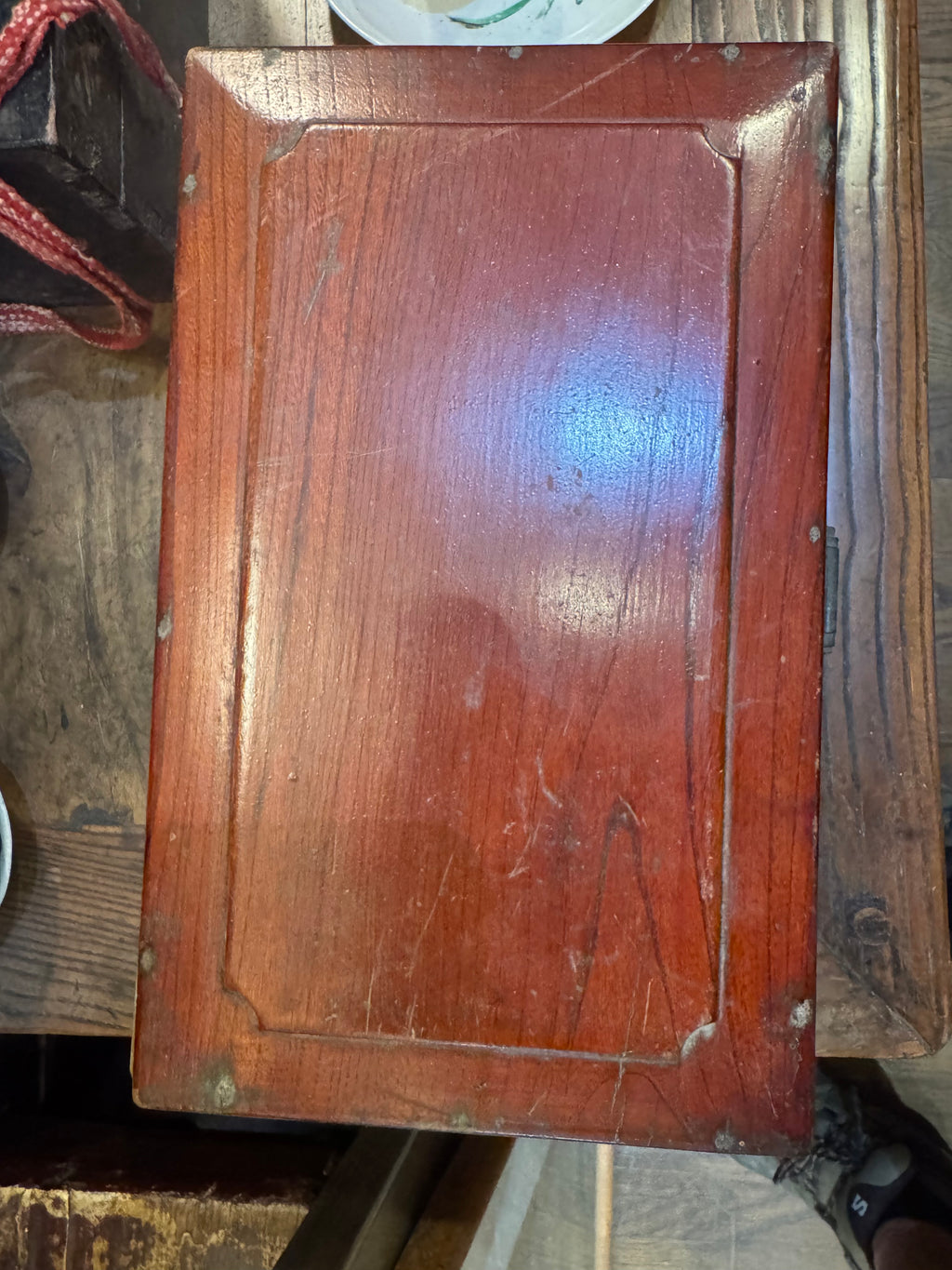 Antique Chinese Red Lacquer Valuables Box with Metal Lock Plate
