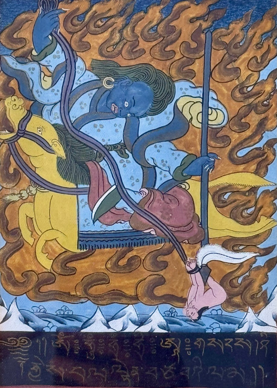 Framed Pair of Antique Tibetan Buddhist Illuminated Manuscript Leaves – Green Tara & Palden Lhamo