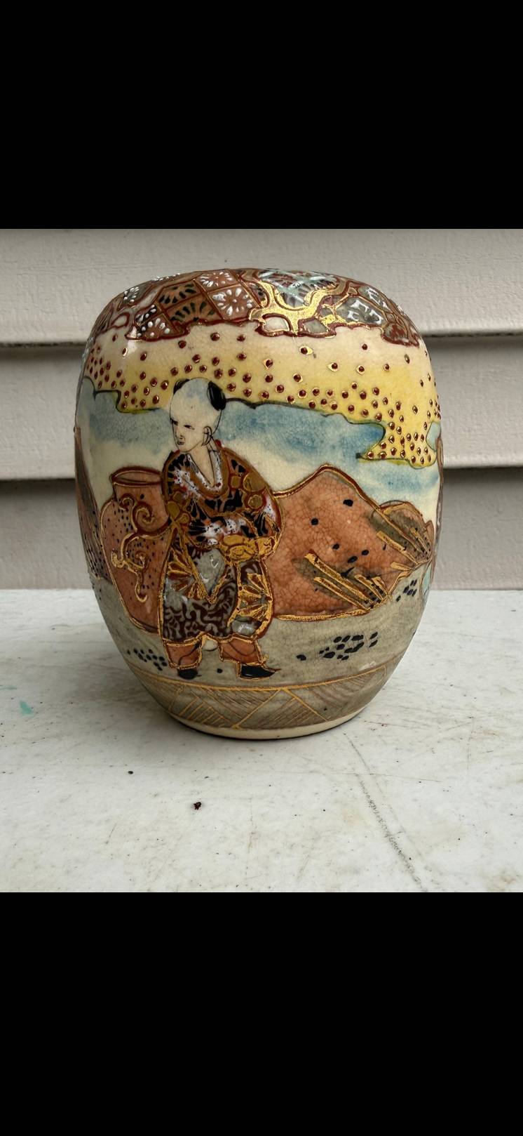 Japanese Satsuma Style Figural Jar with Gilt Decoration | 5 Inches