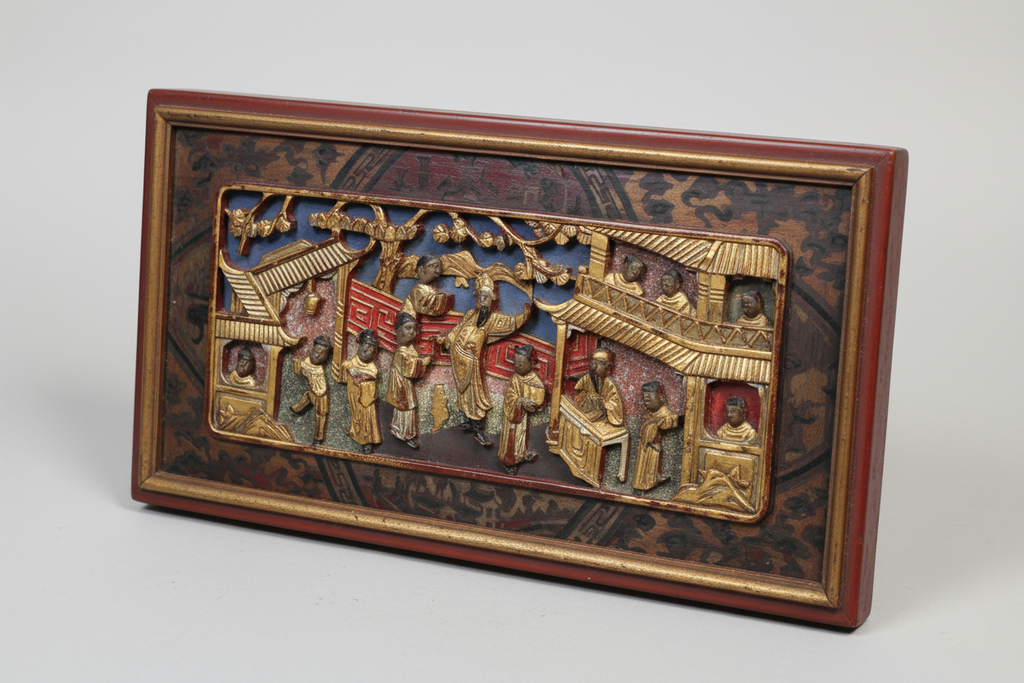 Antique Chinese Gilt Polychrome Wood Carving Wall Plaque – Late Qing / Early Republic