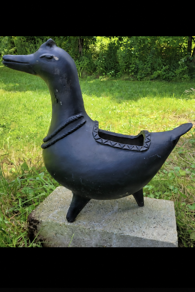 Vintage Mexican Barro Negro Style Ceramic Duck Planter & Catchall