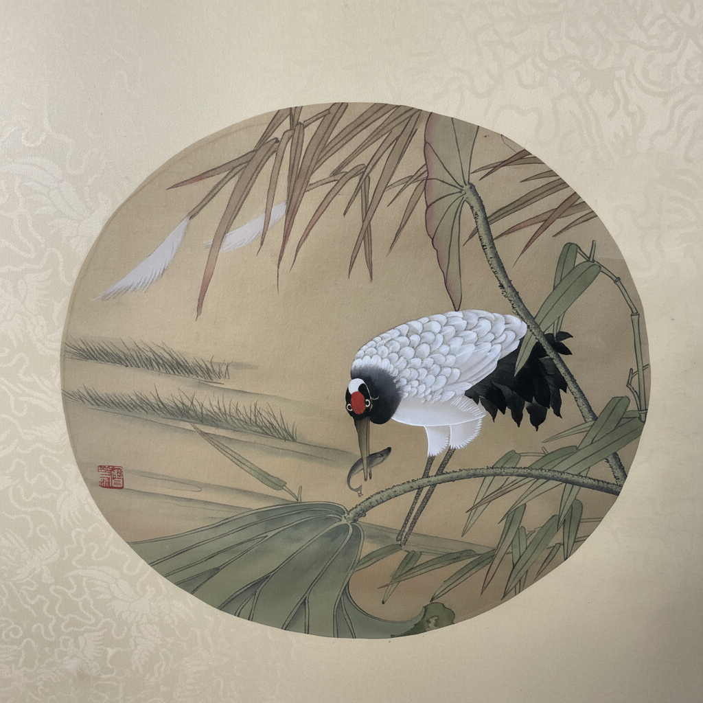 Pair of Framed Chinese Silk Roundel Paintings – Red-Crowned Cranes & Botanical Motif (Set of 2)