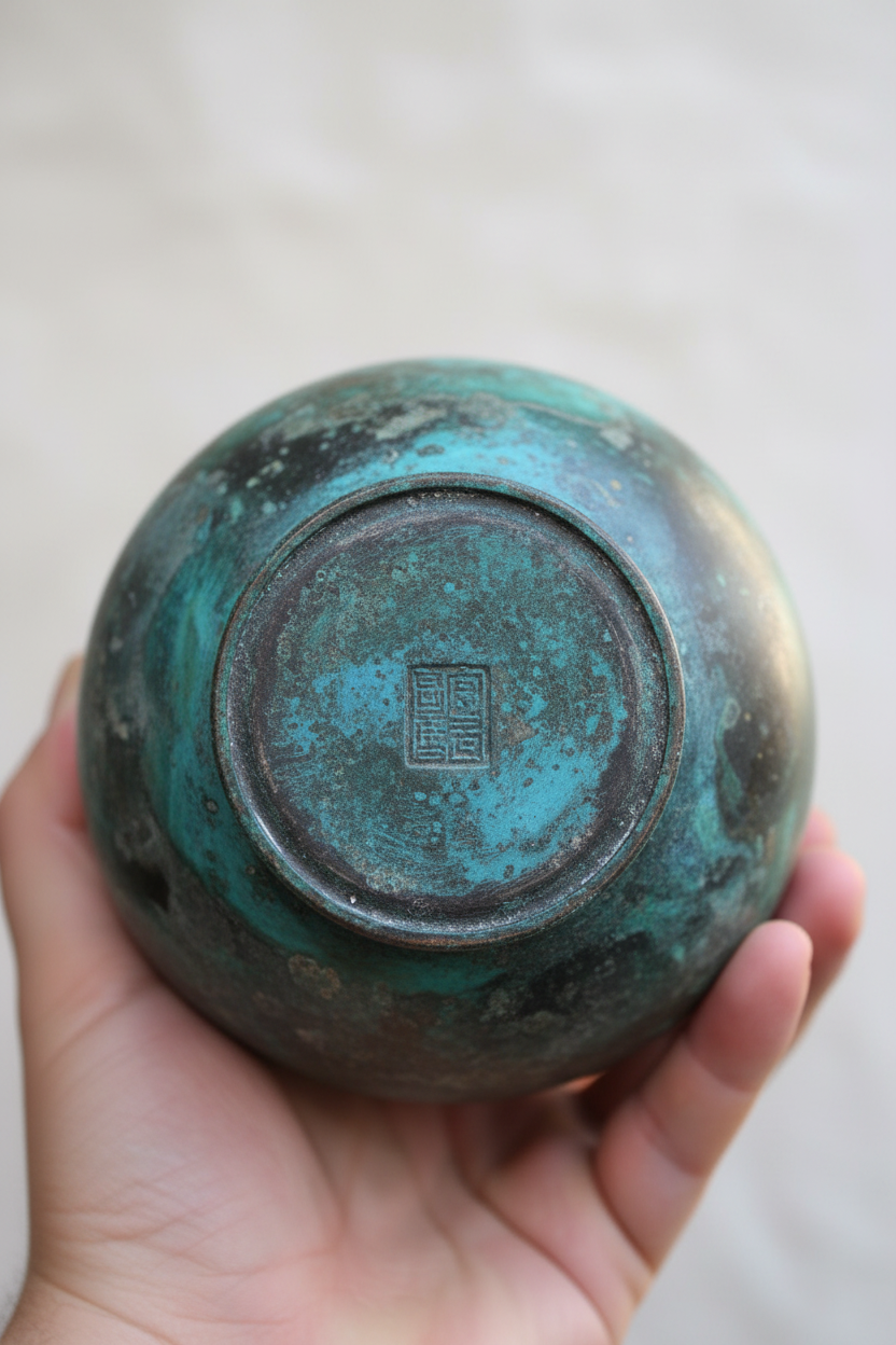 Japanese Studio Pottery Bottle Vase – Verdigris Metallic Glaze & Stamped Seal Mark (8.25")