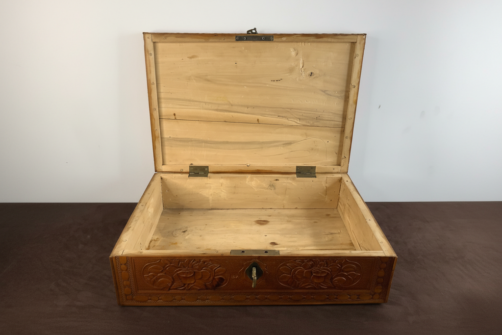 Anglo-Indian Hand-Carved Wood Jewelry Box with Key – Relief Floral & Beast Carvings, Inlay Trim (~18")