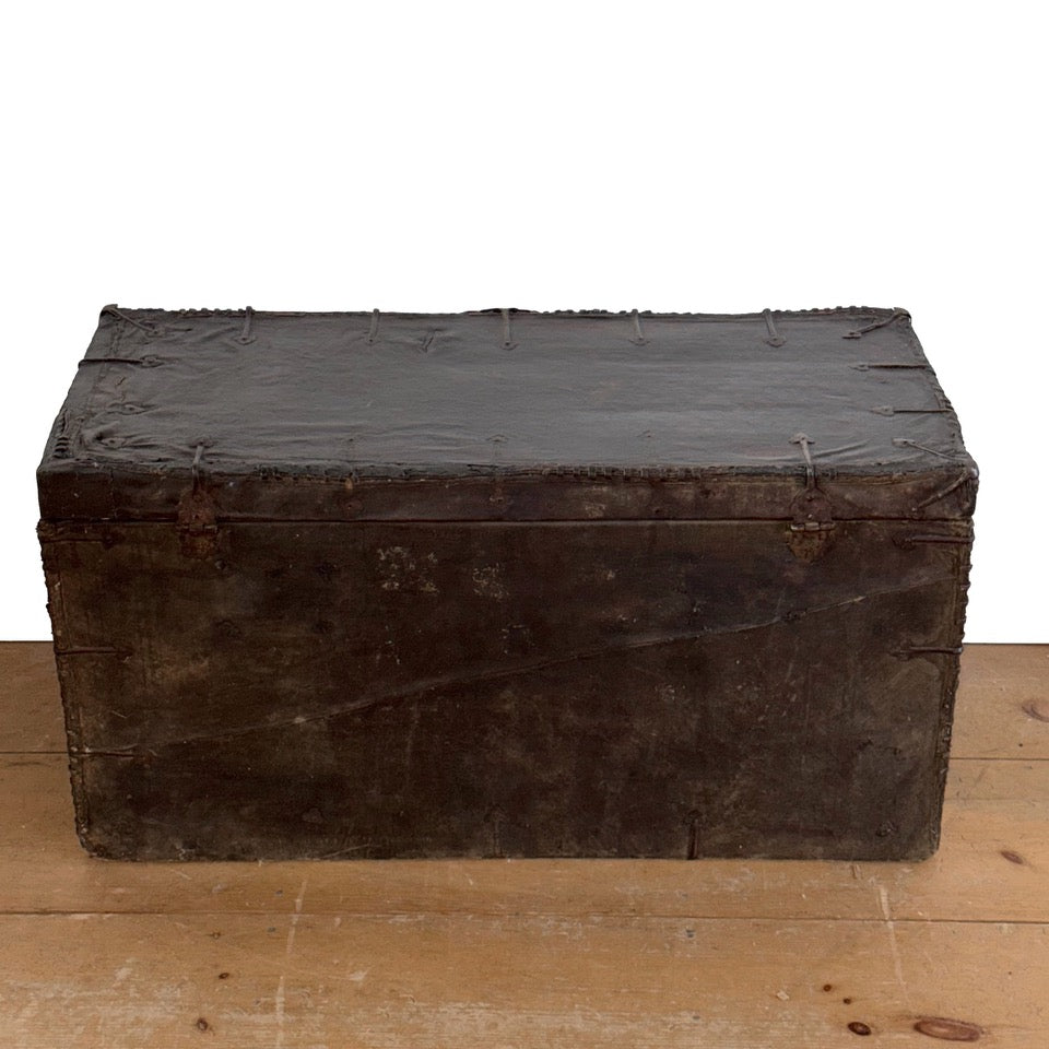 19th Century Tibetan Painted Leather-Clad Trunk with Iron Fittings