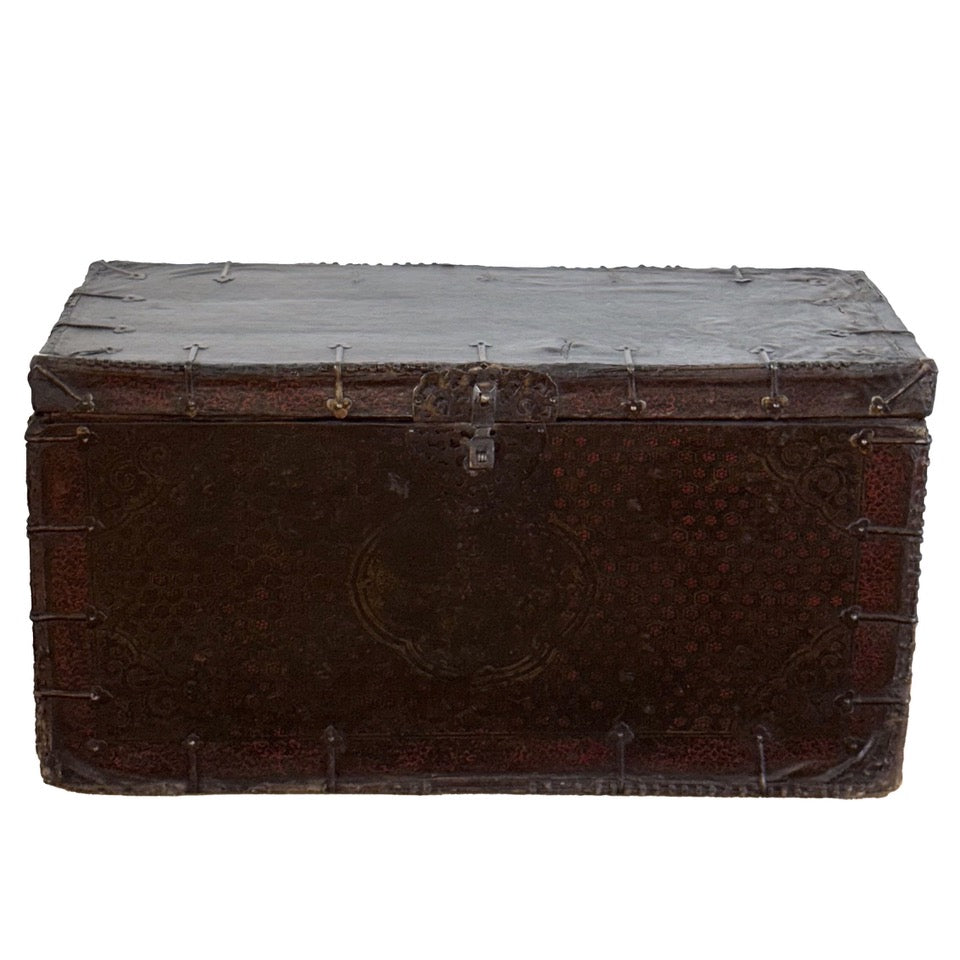 19th Century Tibetan Painted Leather-Clad Trunk with Iron Fittings