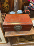 Antique Chinese Red Lacquer Valuables Box with Metal Lock Plate