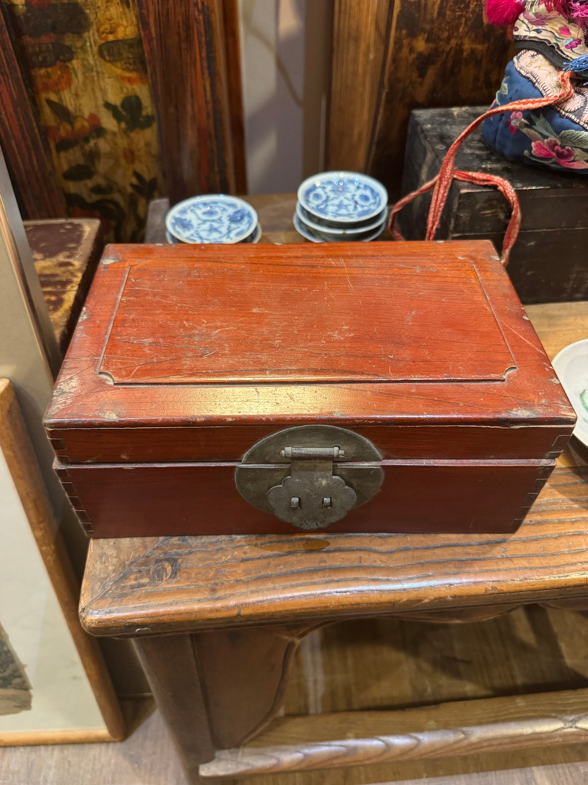 Antique Chinese Red Lacquer Valuables Box with Metal Lock Plate