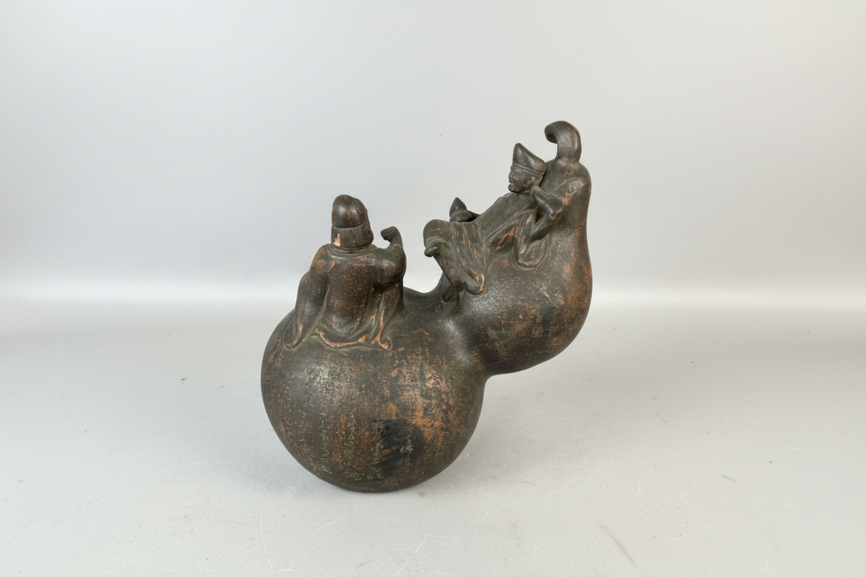 Large Chinese "Bronzed" Stoneware Double Gourd Scholar’s Vessel