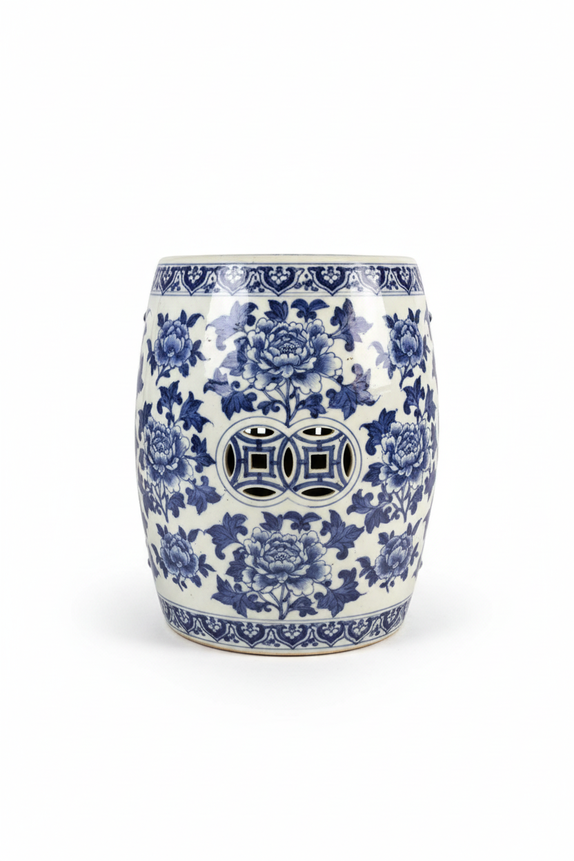 Vintage Chinese Blue & White Porcelain Garden Seat with Floral & Cash-Coin Motifs