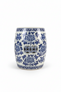 Vintage Chinese Blue & White Porcelain Garden Seat with Floral & Cash-Coin Motifs