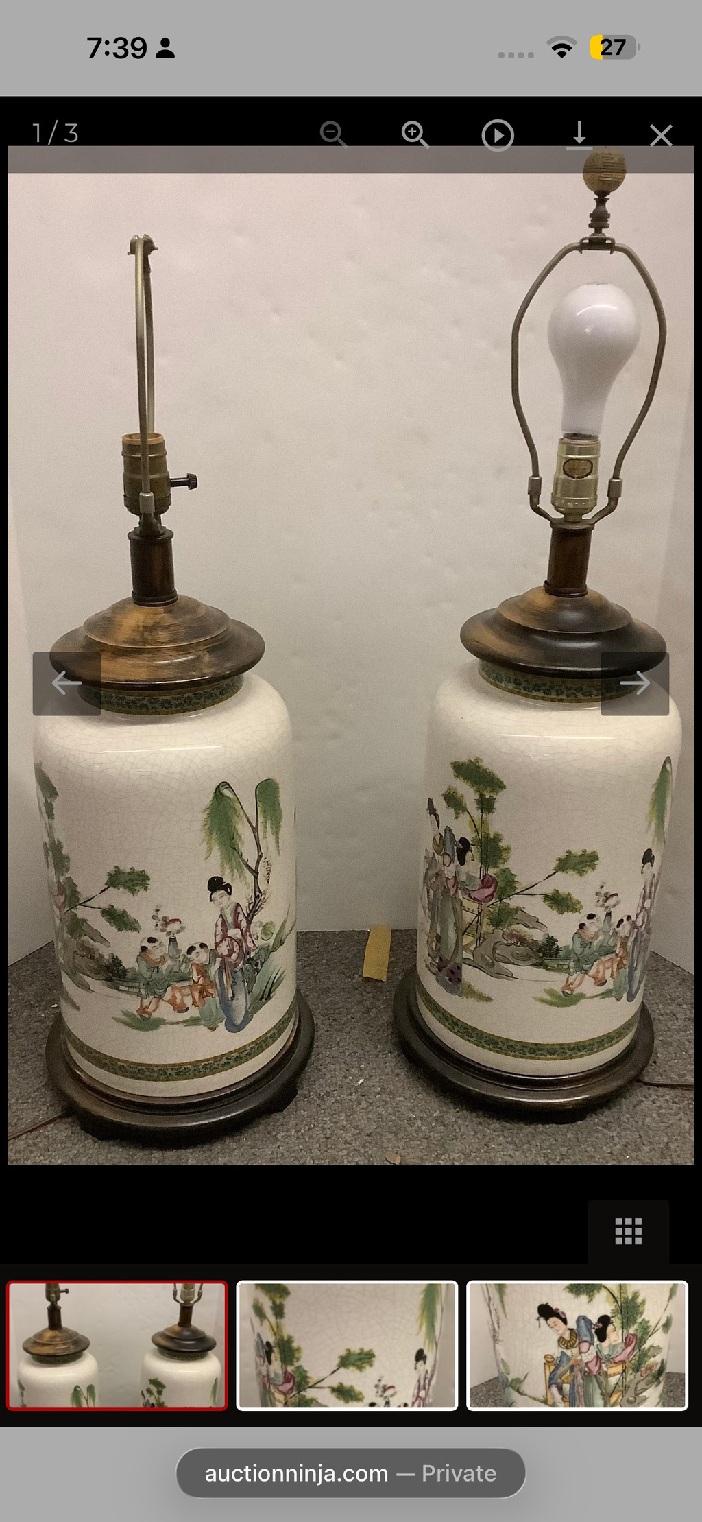 Pair of 20th-Century Chinese Crackle Glaze Porcelain Lamps with Figural Garden Scene