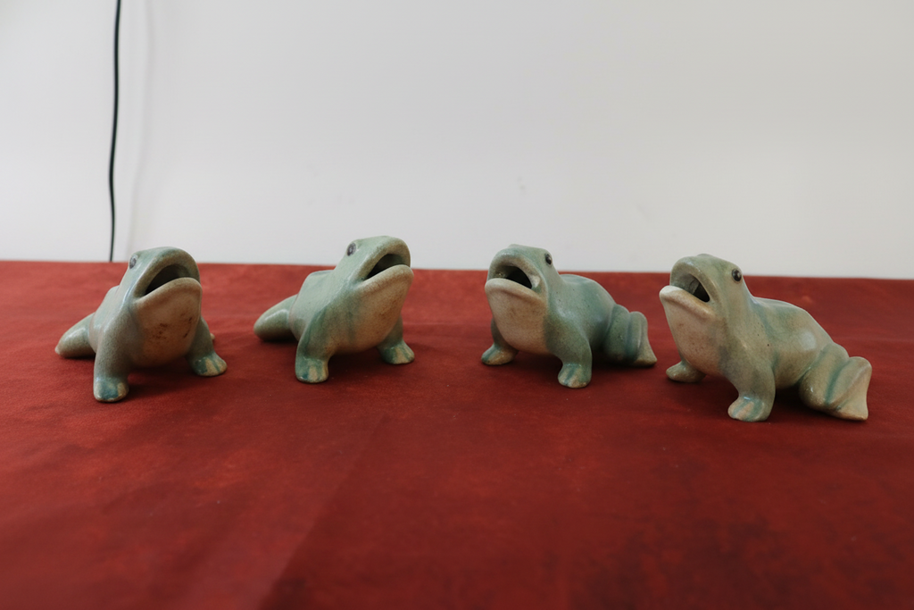 Vintage Asian Turquoise Celadon Crackle-Glaze Ceramic Frog Figurines - Set of 4