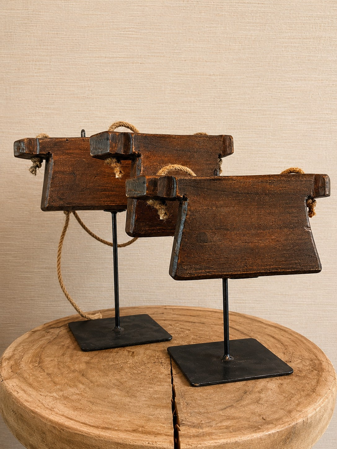 Antique Indian Wooden Spice Purses on Custom Iron Stands - Pair