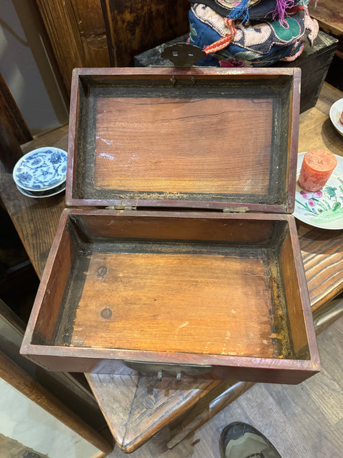 Antique Chinese Red Lacquer Valuables Box with Metal Lock Plate