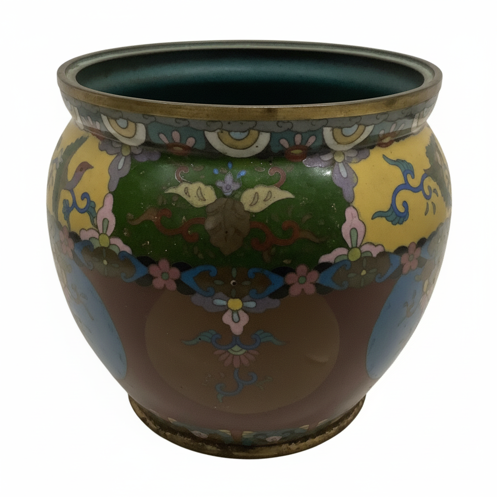 Vintage Chinese Cloisonné Enamel Cachepot | Polychrome Floral & Crane Planter, 6.5"