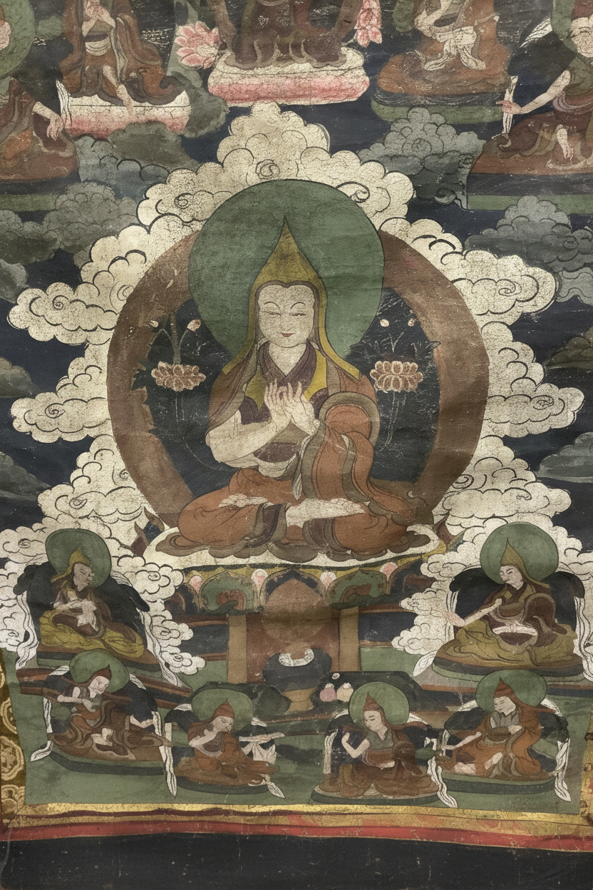 19th Century Tibetan Thangka: Je Tsongkhapa & Gelugpa Lineage Masters | Silk Brocade Scroll