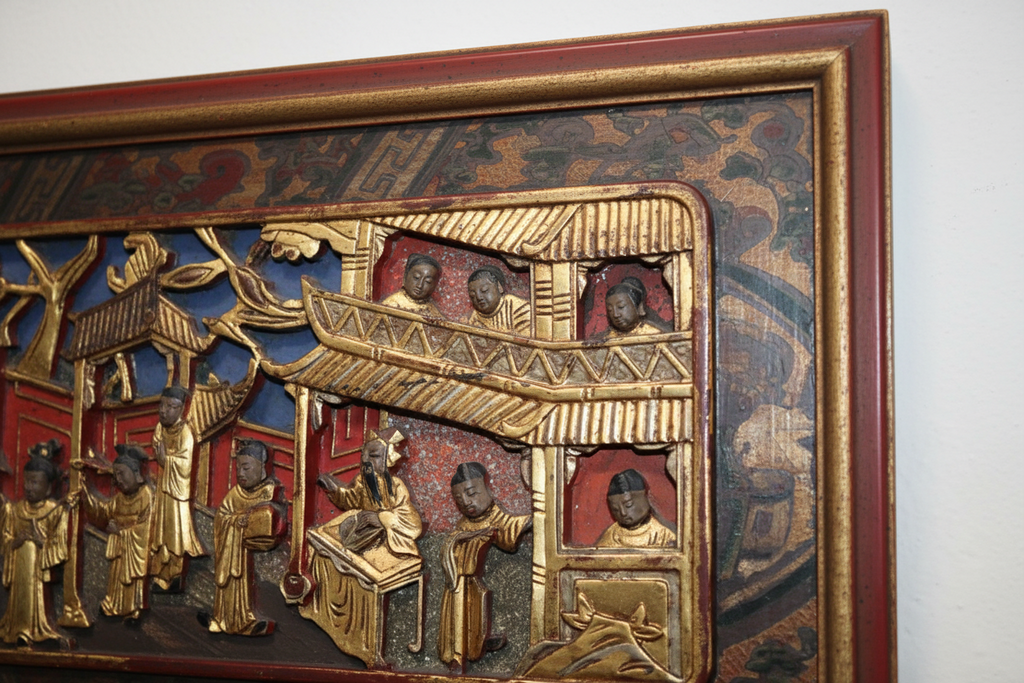 Antique Chinese Gilt Polychrome Wood Carving Wall Plaque – Late Qing / Early Republic