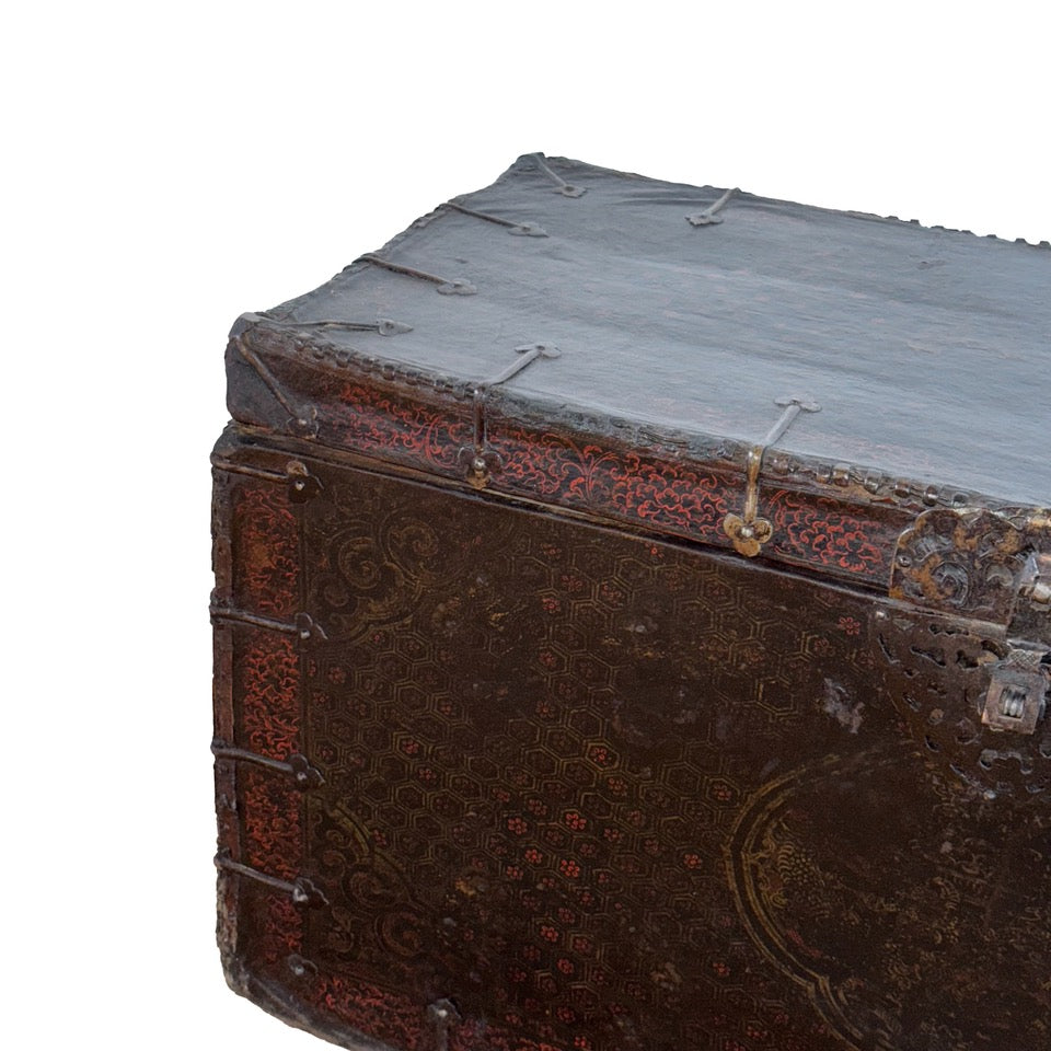 19th Century Tibetan Painted Leather-Clad Trunk with Iron Fittings