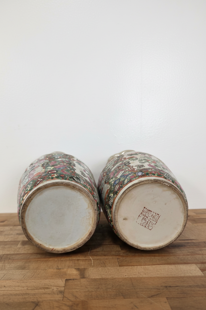 Pair of Vintage Chinese Famille Rose Medallion Baluster Vases – 14.5"