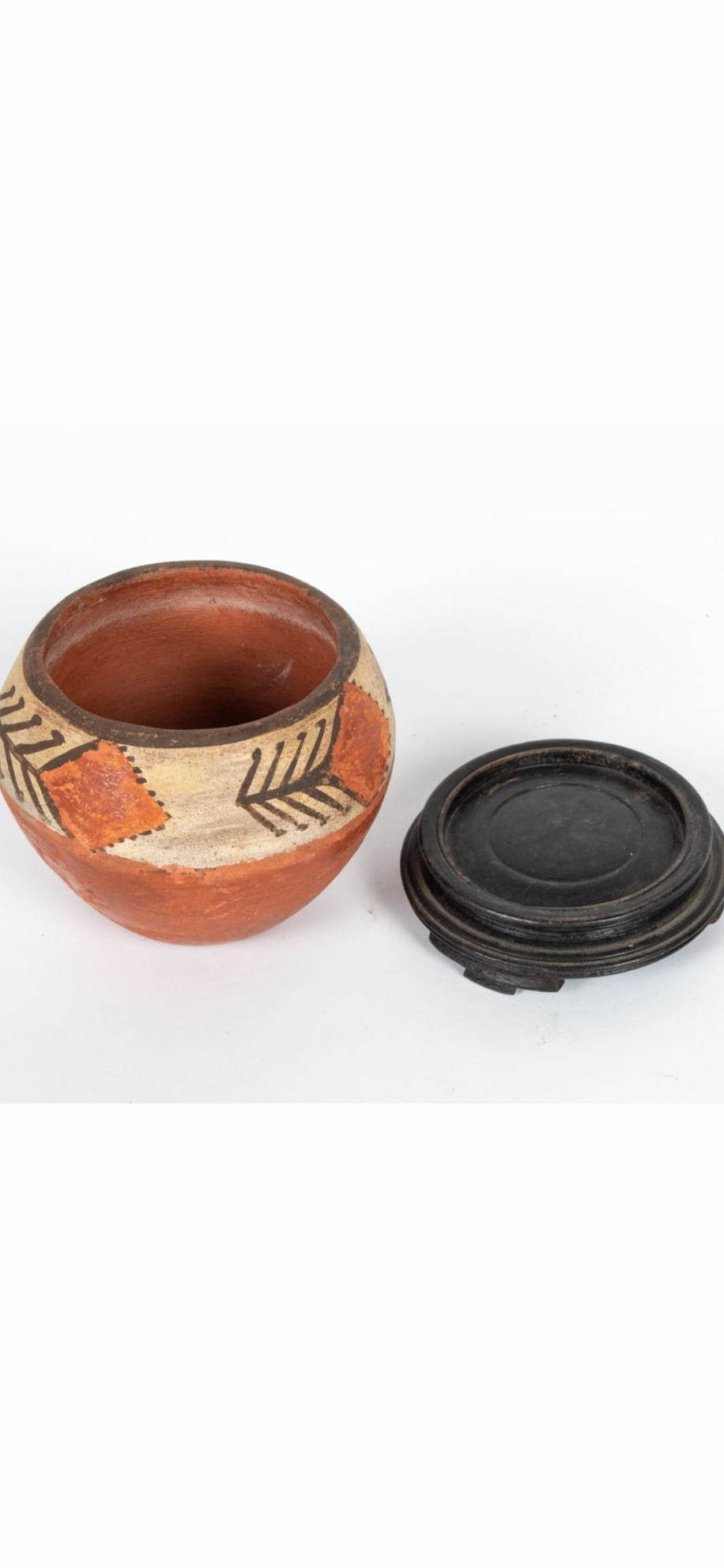 Small Southwestern Polychrome Terracotta Vessel with Wood Stand