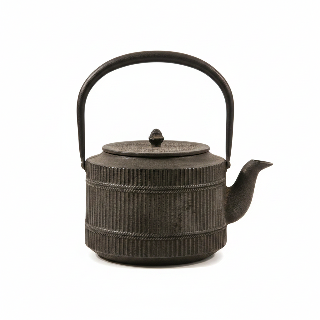Vintage Japanese Nambu Tekki Cast Iron Tetsubin Tea Kettle | Ribbed Barrel Design & Pinecone Finial