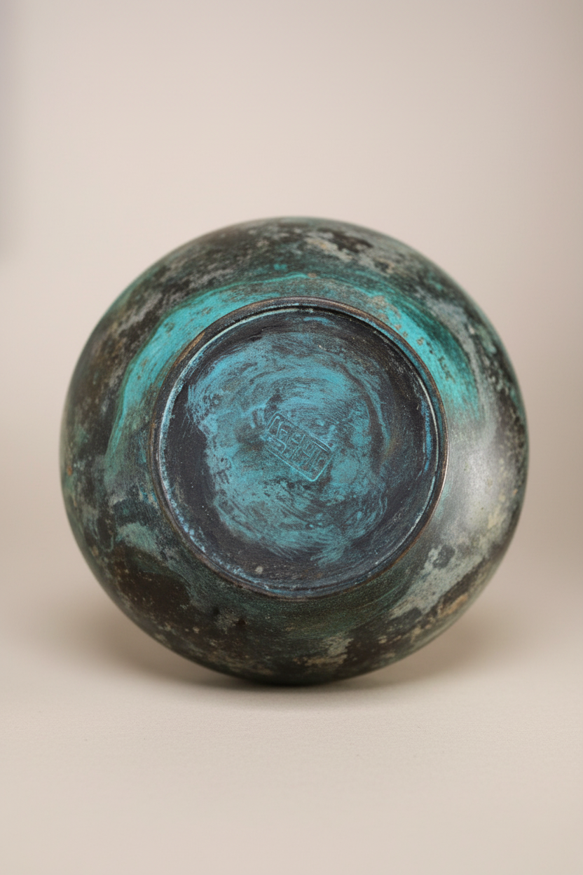 Japanese Studio Pottery Bottle Vase – Verdigris Metallic Glaze & Stamped Seal Mark (8.25")
